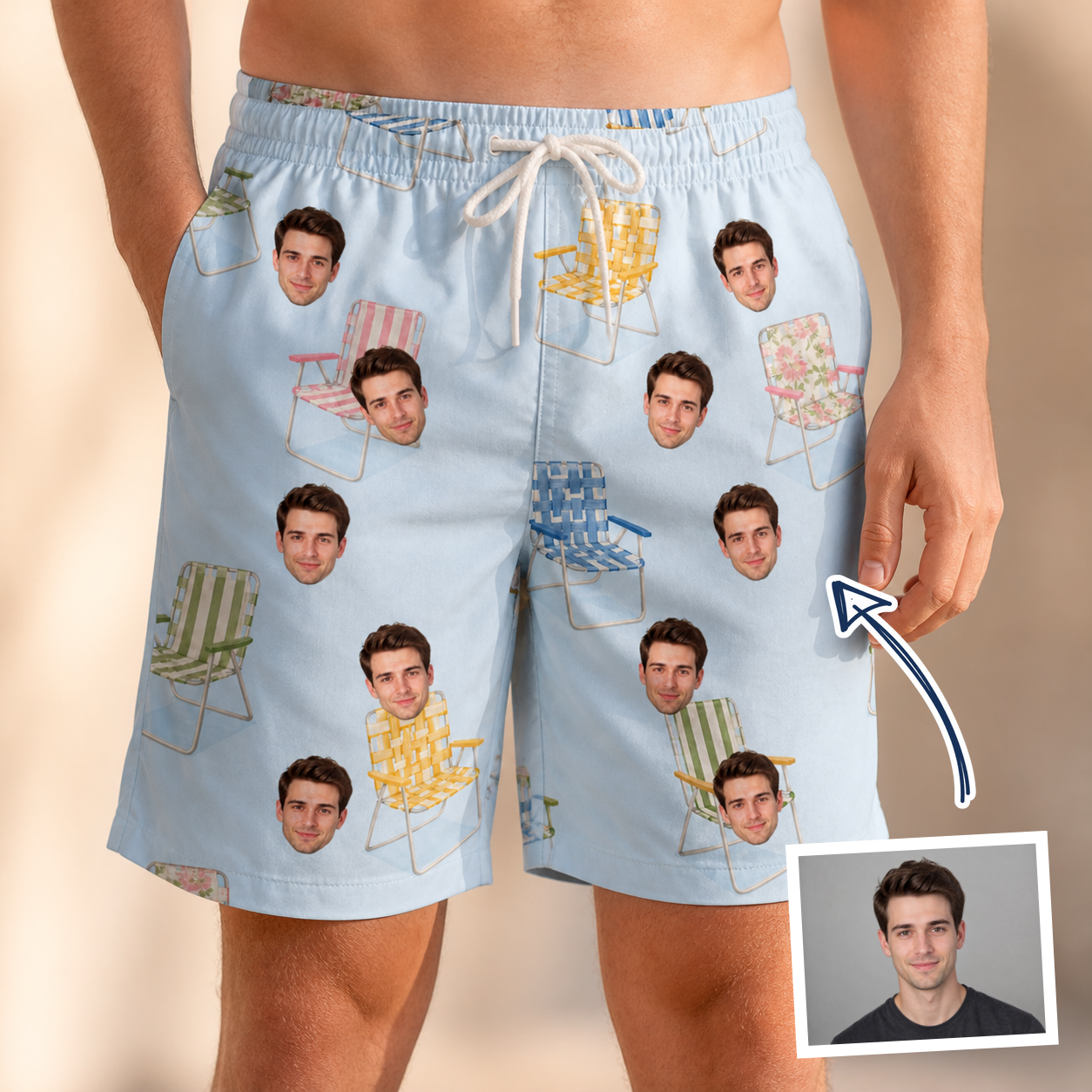 Man wearing Men's Folded Fellowship Custom Face Beach Shorts — custom faces printed all-over