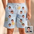 Man wearing Men's Folded Fellowship Custom Face Beach Shorts — custom faces printed all-over