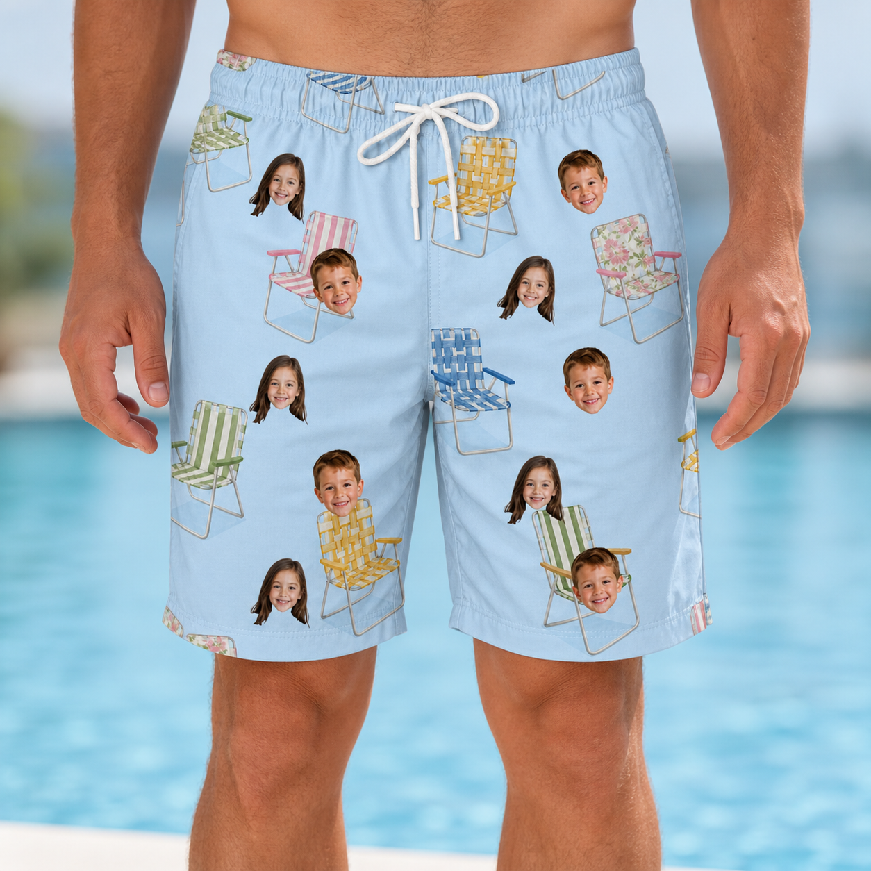 Model wearing Men's Folded Fellowship Custom Face Beach Shorts printed with kids' faces