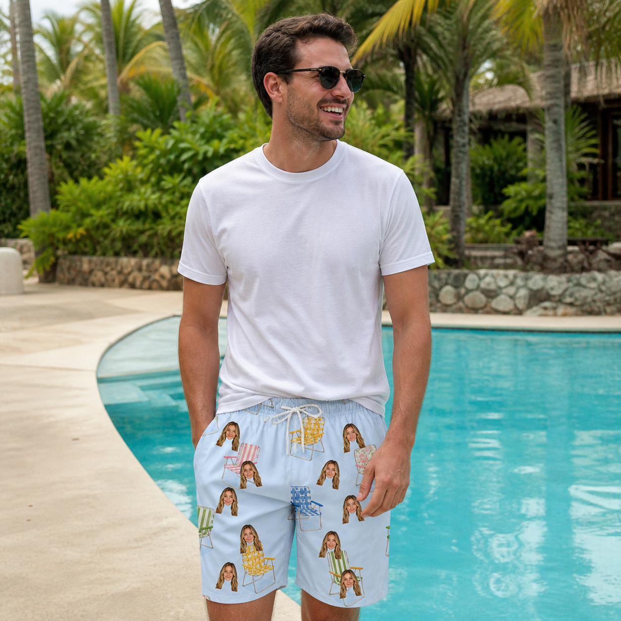 Real-life photo of someone wearing Men's Folded Fellowship Custom Face Beach Shorts — custom faces printed all-over