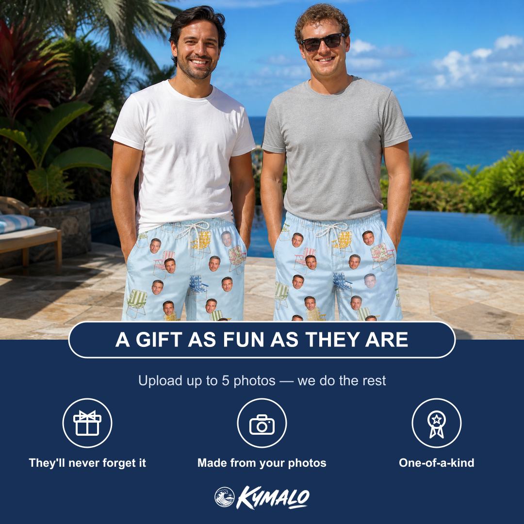 Friends in matching Men's Folded Fellowship Custom Face Beach Shorts — a group gift photo