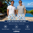 Friends in matching Men's Folded Fellowship Custom Face Beach Shorts — a group gift photo