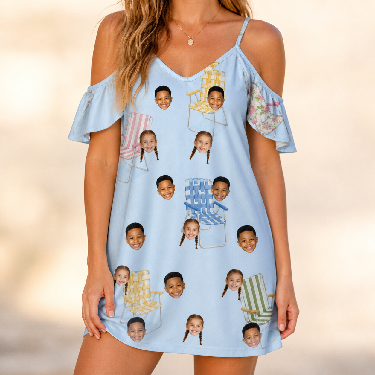 Model wearing Women's Folded Fellowship Custom Face Off-Shoulder Dress printed with kids' faces