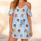 Model wearing Women's Folded Fellowship Custom Face Off-Shoulder Dress printed with kids' faces