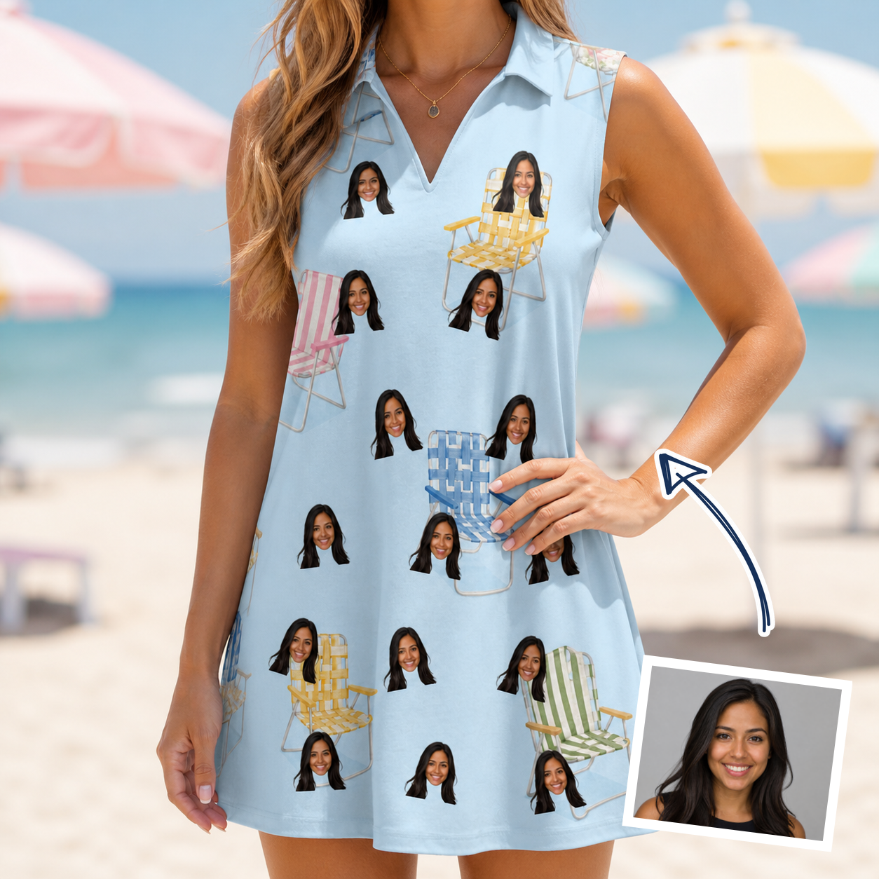 Woman wearing Women's Folded Fellowship Custom Face V-Neck Dress — custom faces printed all-over