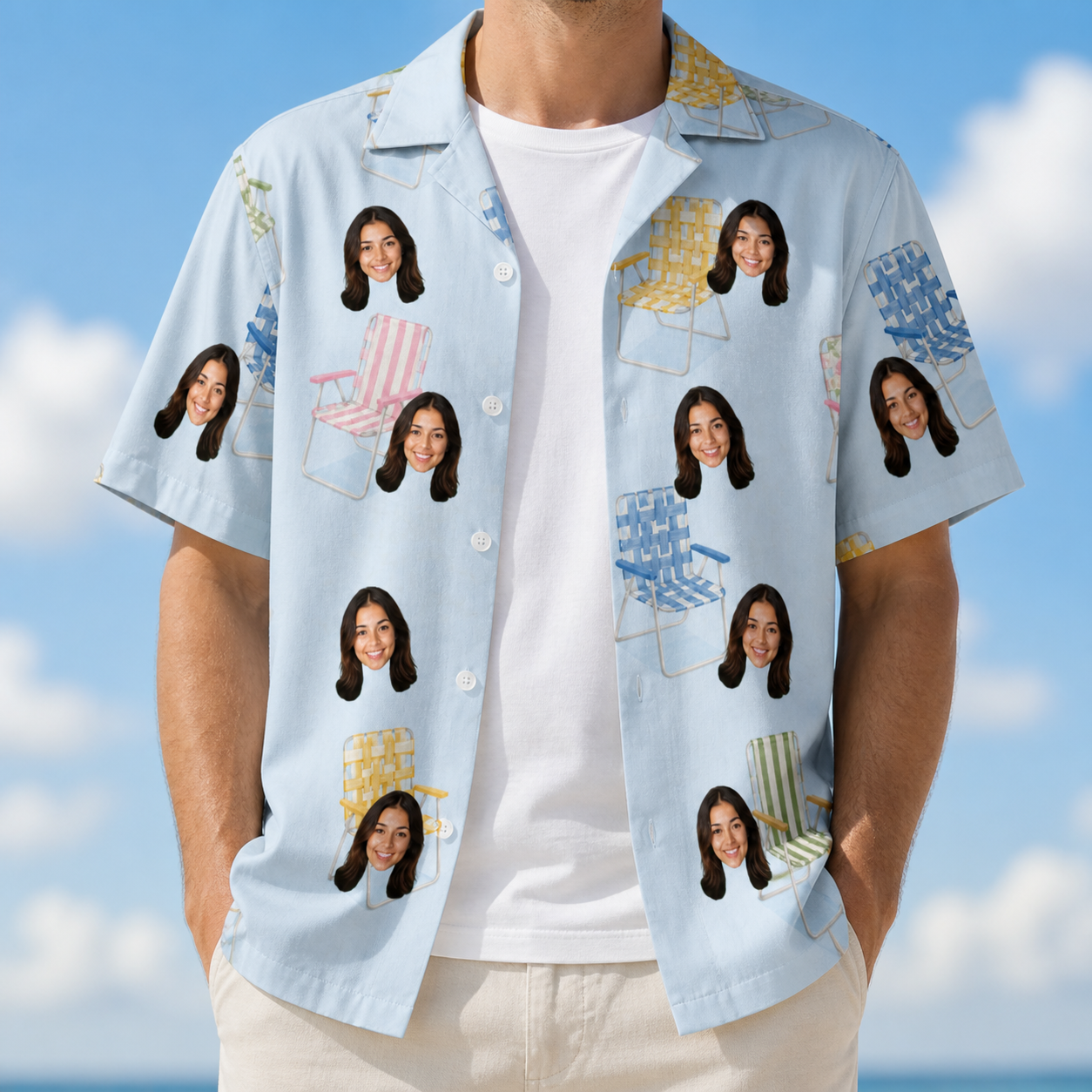 Man wearing Men's Folded Fellowship Custom Face Hawaiian Shirt open over a white tee