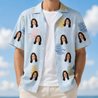 Man wearing Men's Folded Fellowship Custom Face Hawaiian Shirt open over a white tee