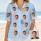 Woman wearing Women's Folded Fellowship Custom Face Hawaiian Shirt — custom faces printed all-over