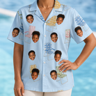 Model wearing Women's Folded Fellowship Custom Face Hawaiian Shirt printed with kids' faces