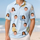 Model wearing Men's Folded Fellowship Custom Face Polo Shirt printed with kids' faces