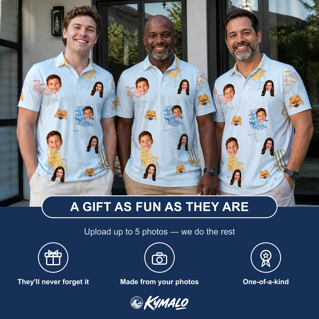Friends in matching Men's Folded Fellowship Custom Face Polo Shirt — a group gift photo