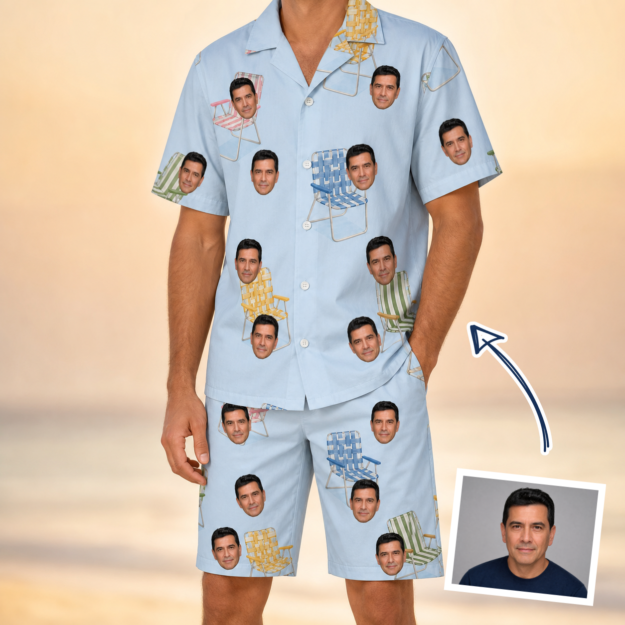 Man wearing Men's Folded Fellowship Custom Face Shirt & Shorts Set — custom faces printed all-over