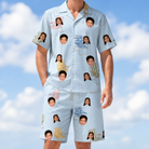 Model wearing Men's Folded Fellowship Custom Face Shirt & Shorts Set printed with kids' faces