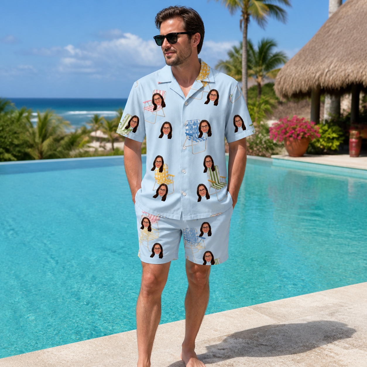 Real-life photo of someone wearing Men's Folded Fellowship Custom Face Shirt & Shorts Set — custom faces printed all-over