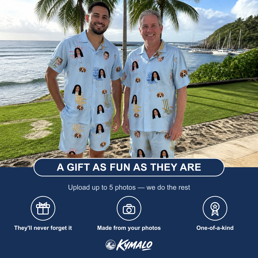 Friends in matching Men's Folded Fellowship Custom Face Shirt & Shorts Set — a group gift photo