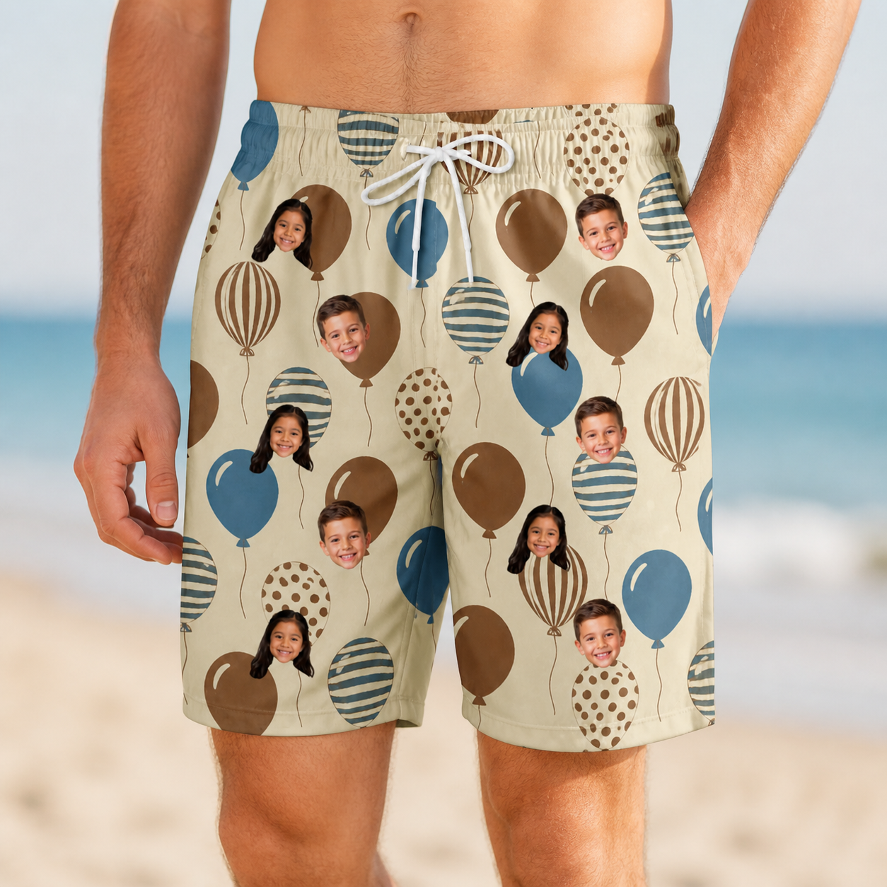 Model wearing Men's Upward Uproar Custom Face Beach Shorts printed with kids' faces