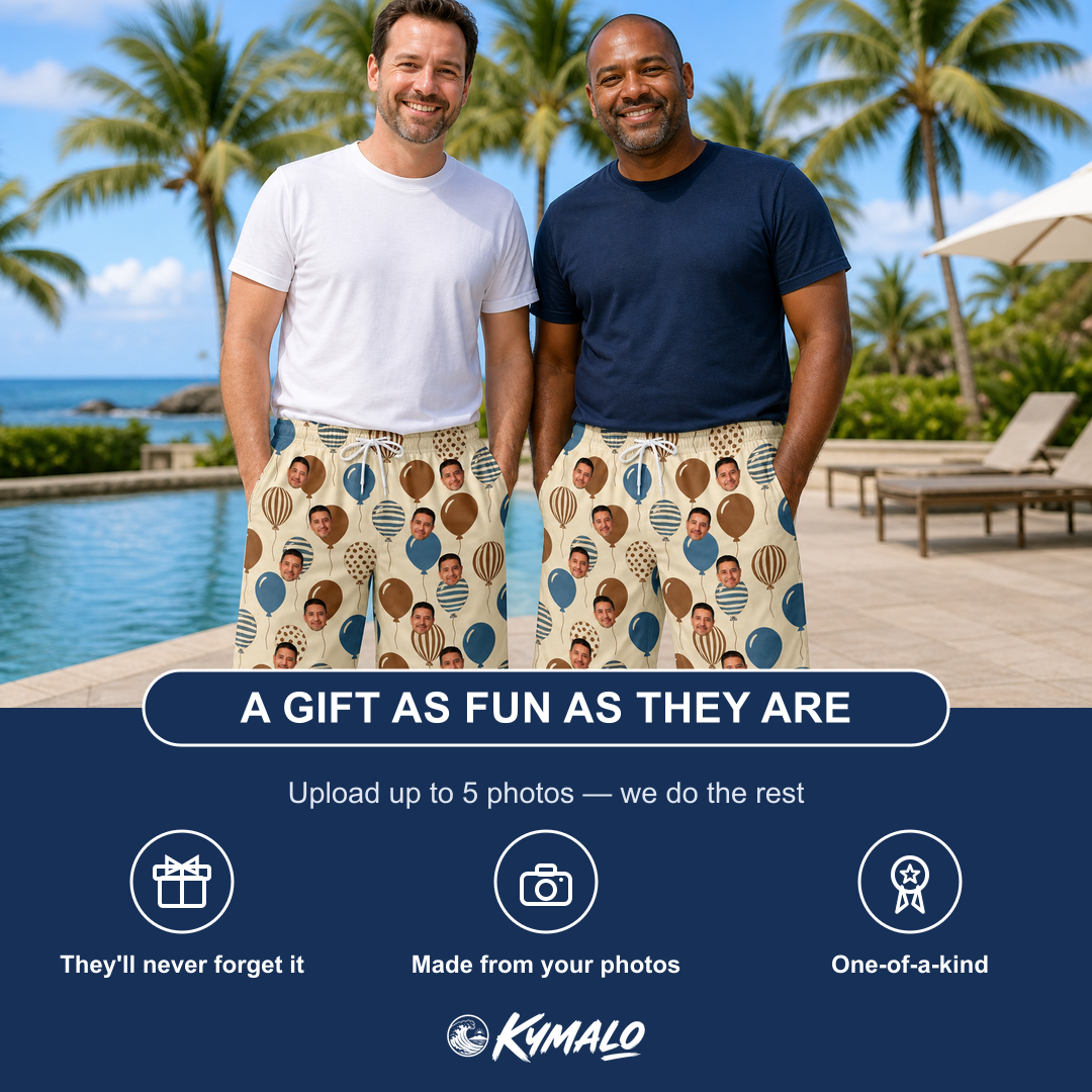 Friends in matching Men's Upward Uproar Custom Face Beach Shorts — a group gift photo
