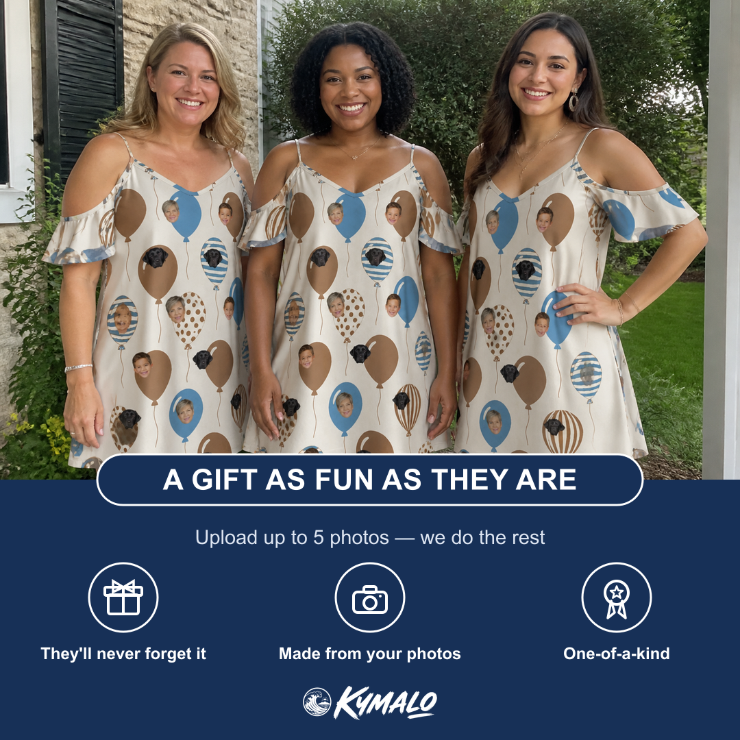 Friends in matching Women's Upward Uproar Custom Face Off-Shoulder Dress — a group gift photo