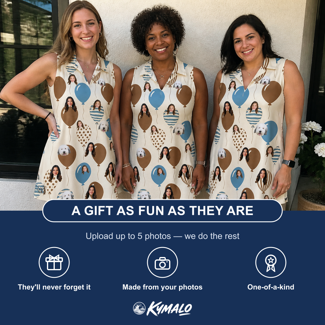 Friends in matching Women's Upward Uproar Custom Face V-Neck Dress — a group gift photo