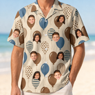 Model wearing Men's Upward Uproar Custom Face Hawaiian Shirt printed with kids' faces