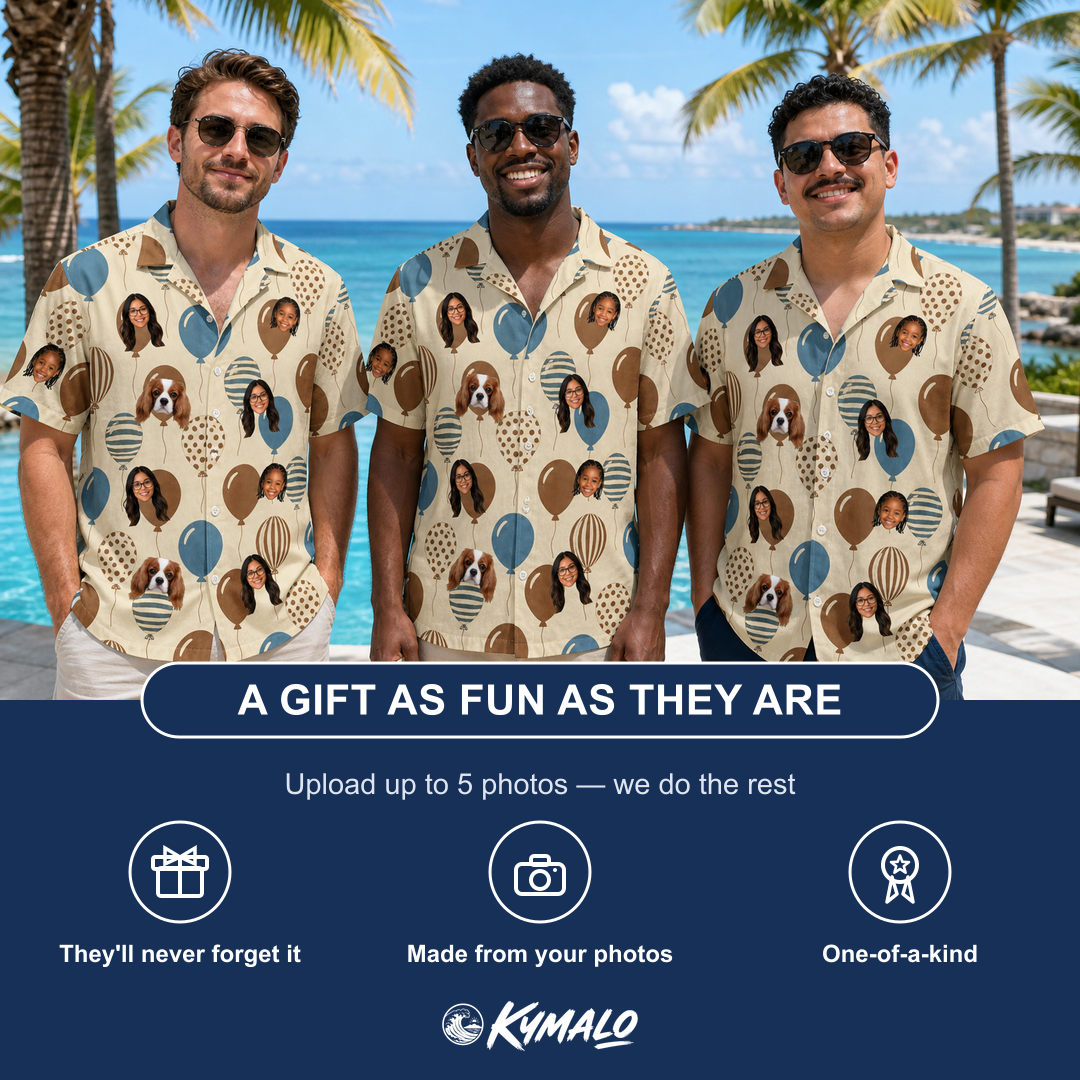 Friends in matching Men's Upward Uproar Custom Face Hawaiian Shirt — a group gift photo