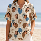 Model wearing Women's Upward Uproar Custom Face Hawaiian Shirt printed with kids' faces