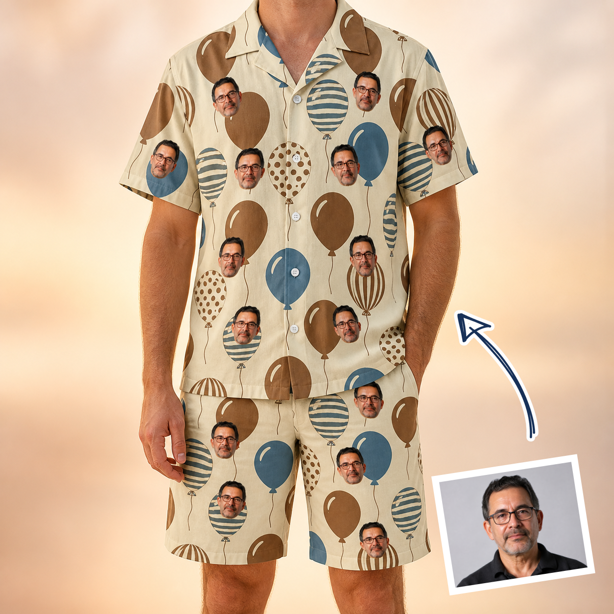 Man wearing Men's Upward Uproar Custom Face Shirt & Shorts Set — custom faces printed all-over