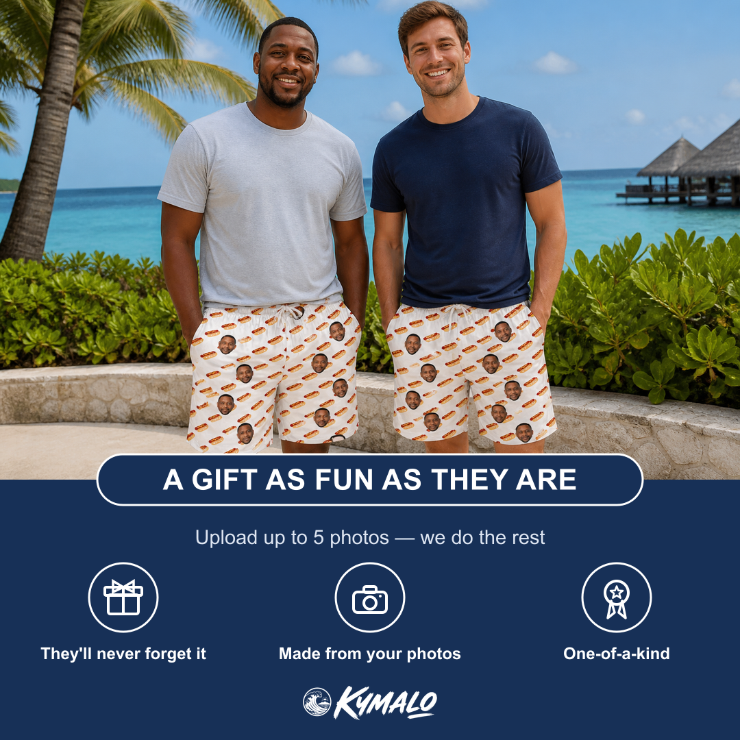 Friends in matching Men's Frank Feast Custom Face Beach Shorts — a group gift photo
