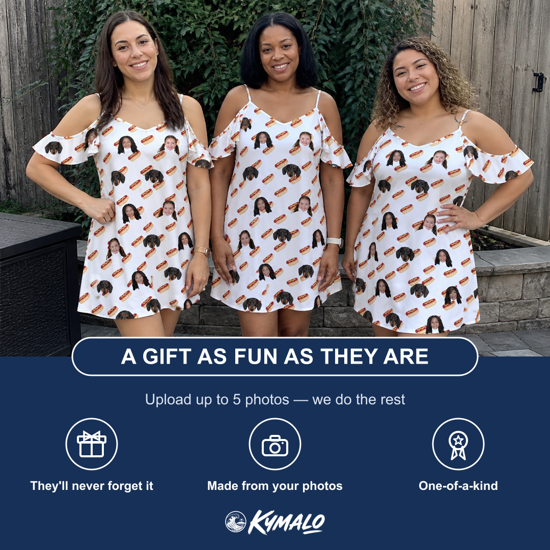 Friends in matching Women's Frank Feast Custom Face Off-Shoulder Dress — a group gift photo