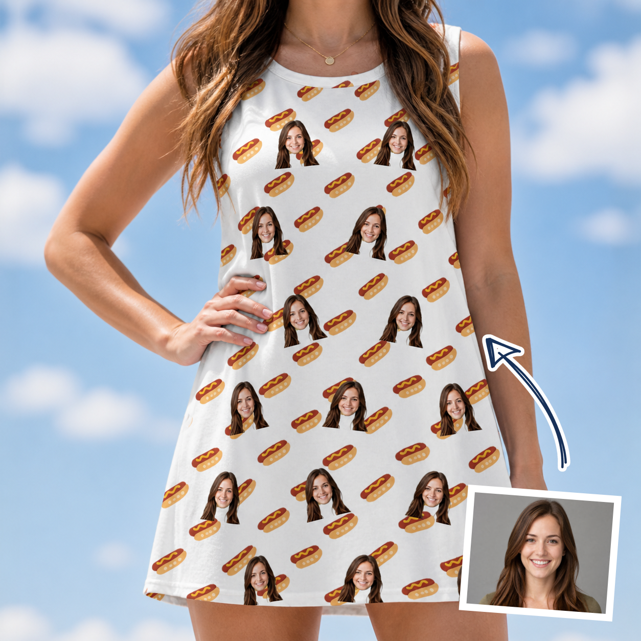 Woman wearing Women's Frank Feast Custom Face Tank Dress — custom faces printed all-over