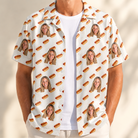Man wearing Men's Frank Feast Custom Face Hawaiian Shirt open over a white tee