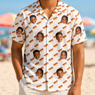 Model wearing Men's Frank Feast Custom Face Hawaiian Shirt printed with kids' faces