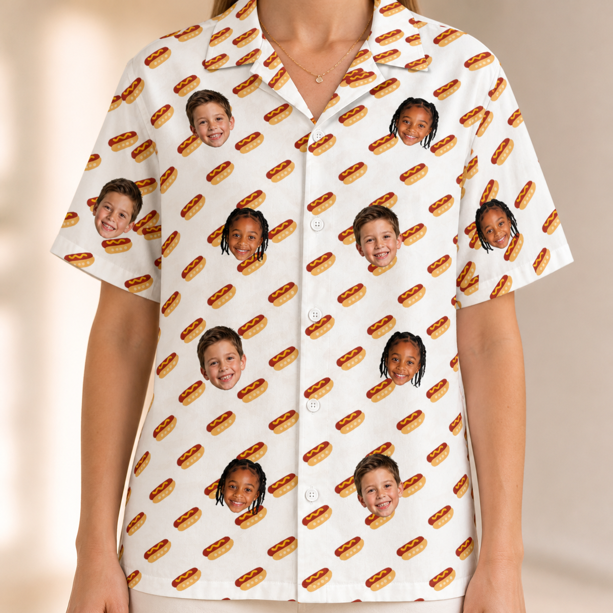 Model wearing Women's Frank Feast Custom Face Hawaiian Shirt printed with kids' faces