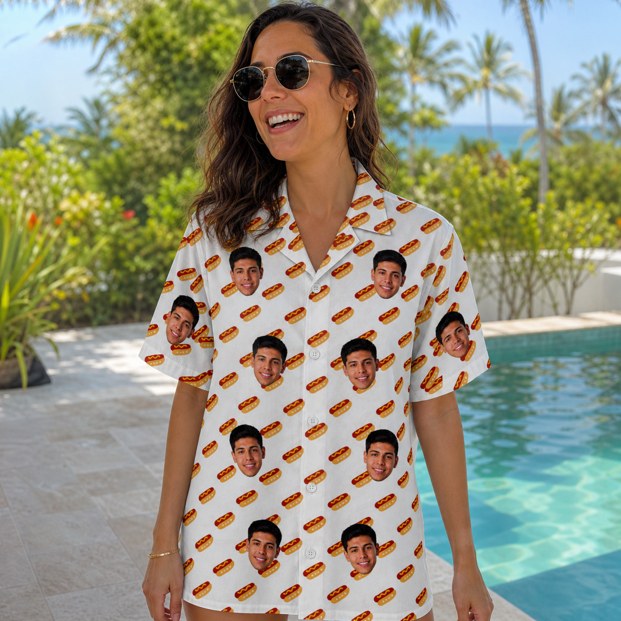 Real-life photo of someone wearing Women's Frank Feast Custom Face Hawaiian Shirt — custom faces printed all-over