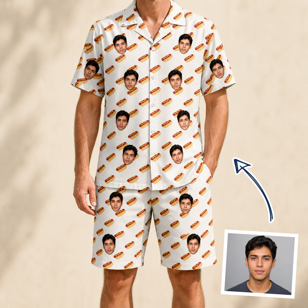 Man wearing Men's Frank Feast Custom Face Shirt & Shorts Set — custom faces printed all-over