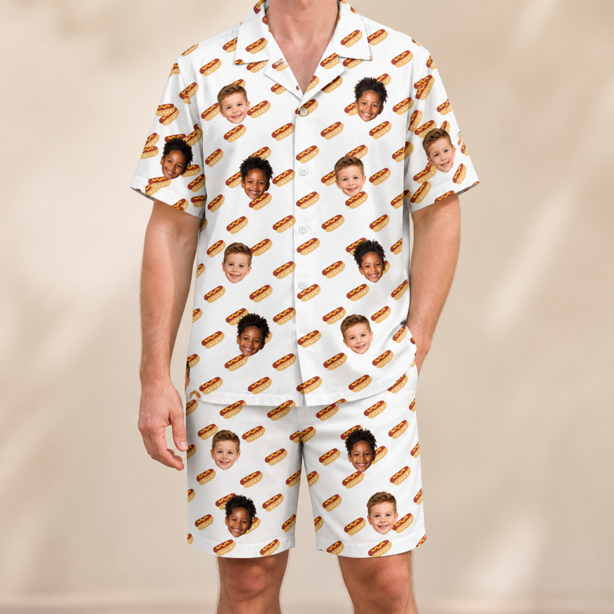 Model wearing Men's Frank Feast Custom Face Shirt & Shorts Set printed with kids' faces
