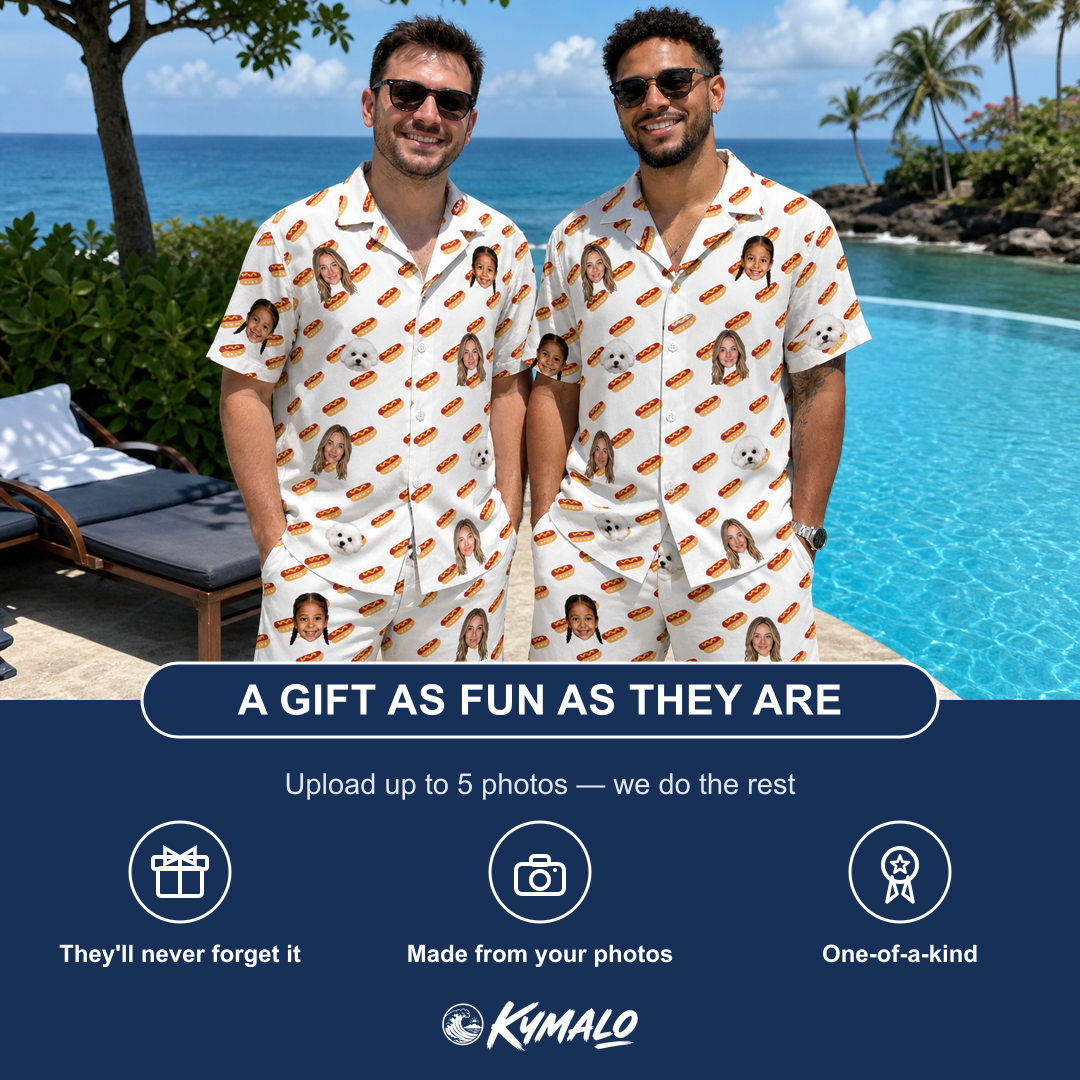 Friends in matching Men's Frank Feast Custom Face Shirt & Shorts Set — a group gift photo