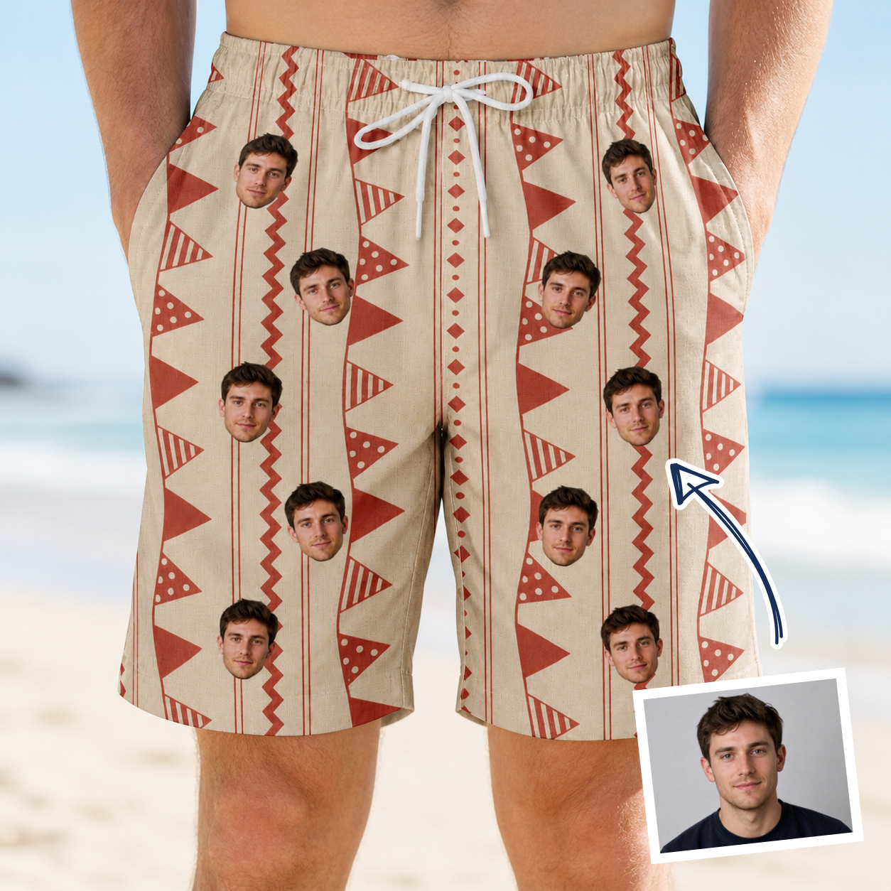 Man wearing Men's Home Huddle Custom Face Beach Shorts — custom faces printed all-over