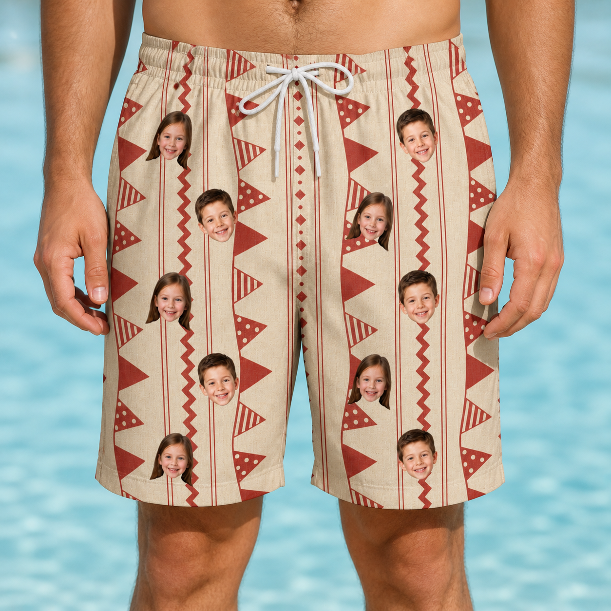 Model wearing Men's Home Huddle Custom Face Beach Shorts printed with kids' faces