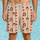 Model wearing Men's Home Huddle Custom Face Beach Shorts printed with kids' faces