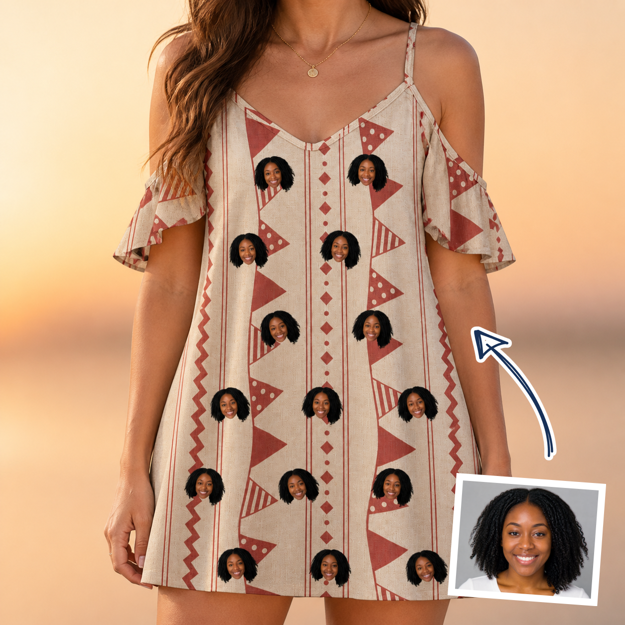 Woman wearing Women's Home Huddle Custom Face Off-Shoulder Dress — custom faces printed all-over
