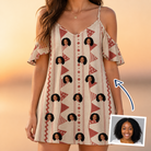 Woman wearing Women's Home Huddle Custom Face Off-Shoulder Dress — custom faces printed all-over