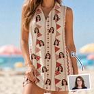 Woman wearing Women's Home Huddle Custom Face V-Neck Dress — custom faces printed all-over