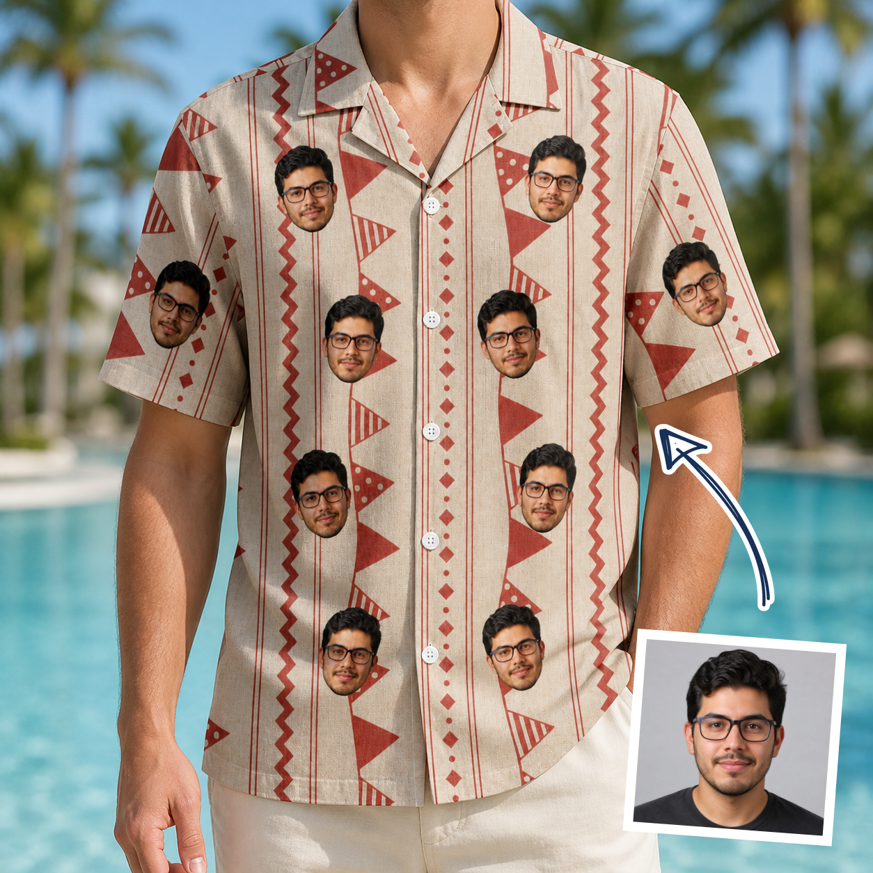 Man wearing Men's Home Huddle Custom Face Hawaiian Shirt — custom faces printed all-over
