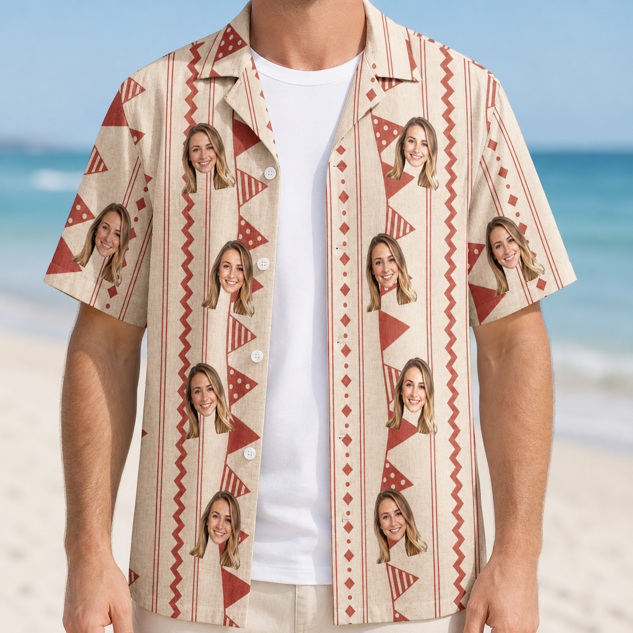 Man wearing Men's Home Huddle Custom Face Hawaiian Shirt open over a white tee