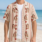 Man wearing Men's Home Huddle Custom Face Hawaiian Shirt open over a white tee
