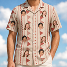 Model wearing Men's Home Huddle Custom Face Hawaiian Shirt printed with kids' faces