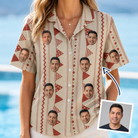 Woman wearing Women's Home Huddle Custom Face Hawaiian Shirt — custom faces printed all-over