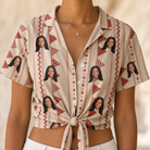 Woman wearing Women's Home Huddle Custom Face Hawaiian Shirt tied at the waist