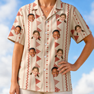 Model wearing Women's Home Huddle Custom Face Hawaiian Shirt printed with kids' faces